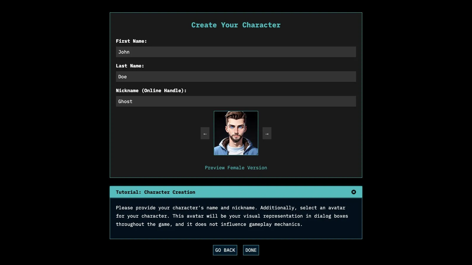 The character creator